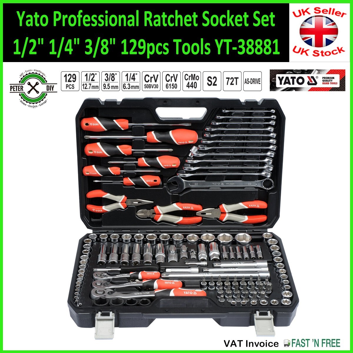 SOCKET SET RATCHET Yato Professional Tools 1/2″ 1/4″ 3/8″ 129pcs Tools YT-38881