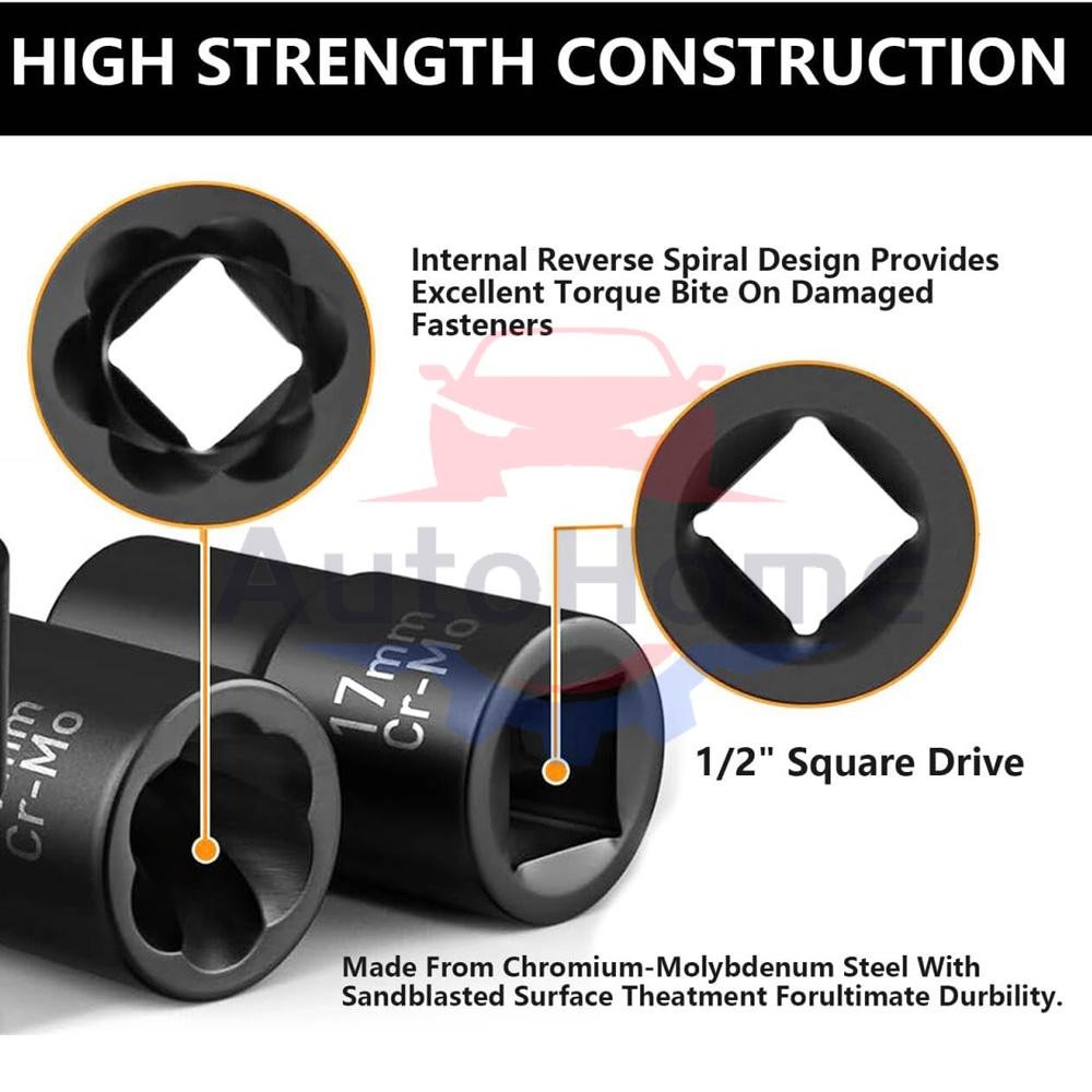 5pcs 1/2″ Drive Twist Socket Set for Damaged Lug Nut Removal & Extraction
