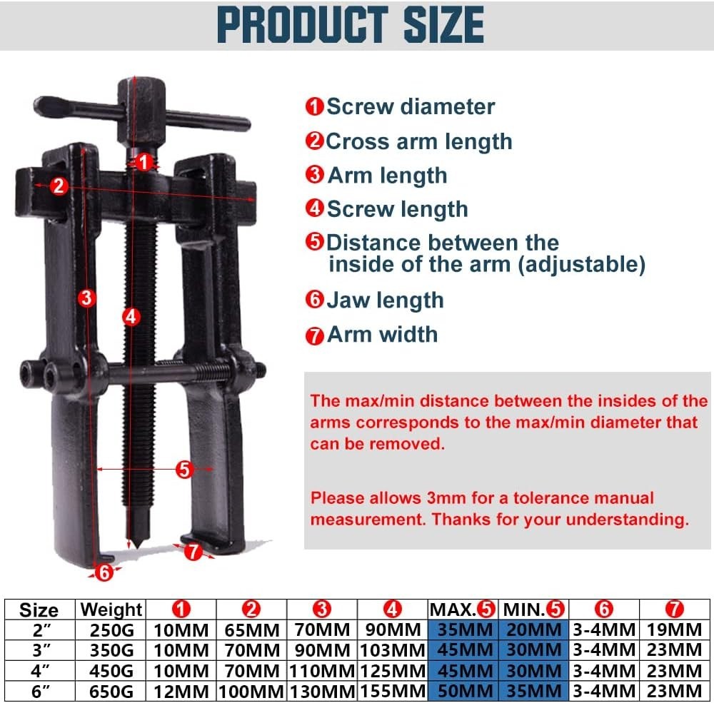 4 Bearing Puller 2in, 3in, 4in, 6in with 2 Jaws