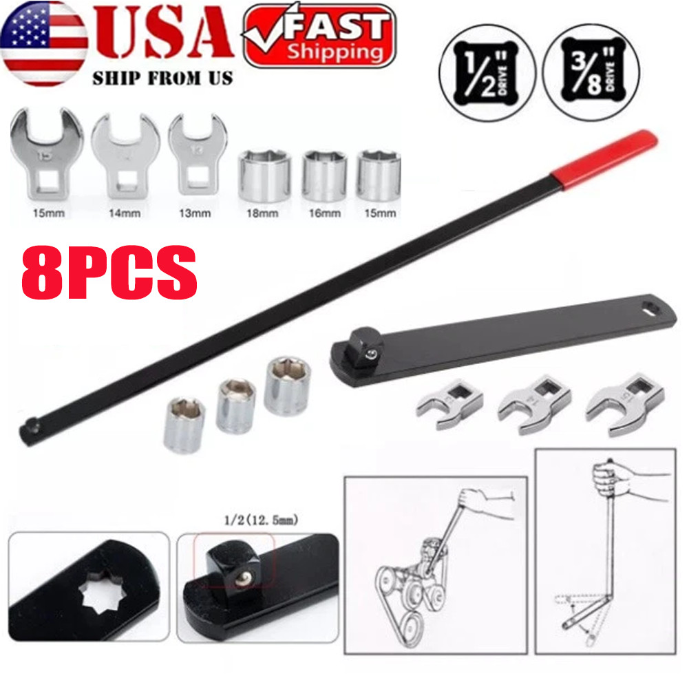 8PC Serpentine Belt Tension Tool 1/2″ 3/8″ Square Universal Belt Removal Wrech