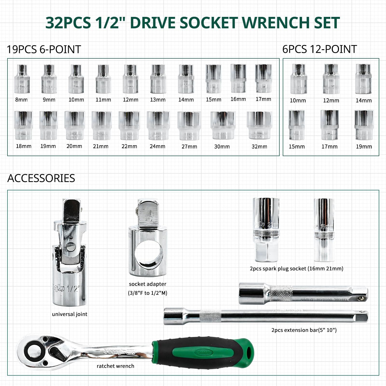 Metric 32Pcs 1/2″ Drive Socket Set 8-32mm Sockets 6/12 Point Ratchet Wrench Kit
