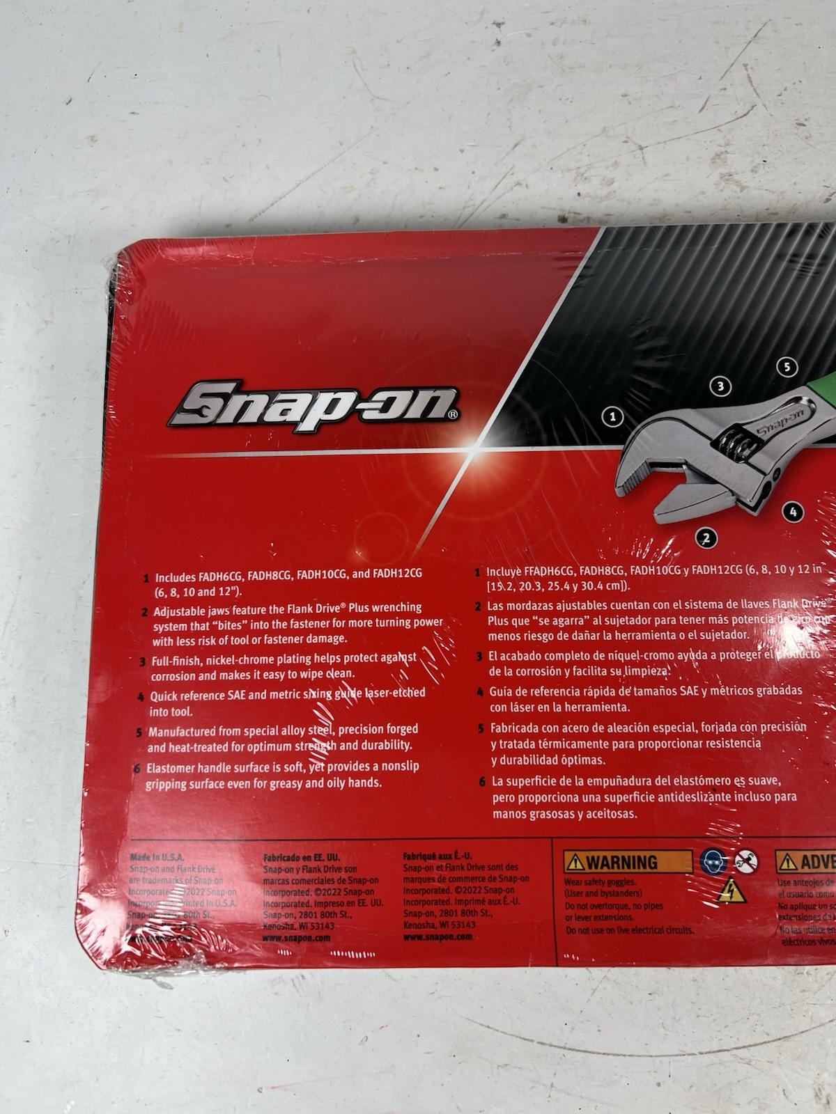 SNAP ON FADH704C G GREEN 6″ 8″ 10″ 12″ Flank Dr Plus Adjustable Wrench Set NEW