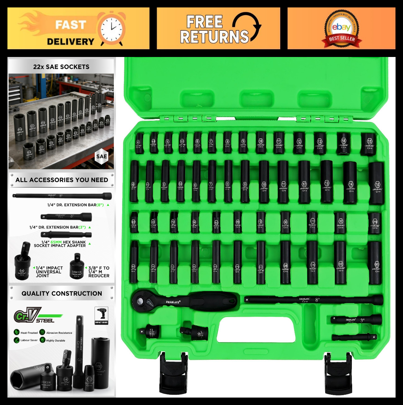 56-Piece Impact Socket Set 1/4″ Drive – SAE & Metric, 6 Point, Cr-V, Ratchet & E