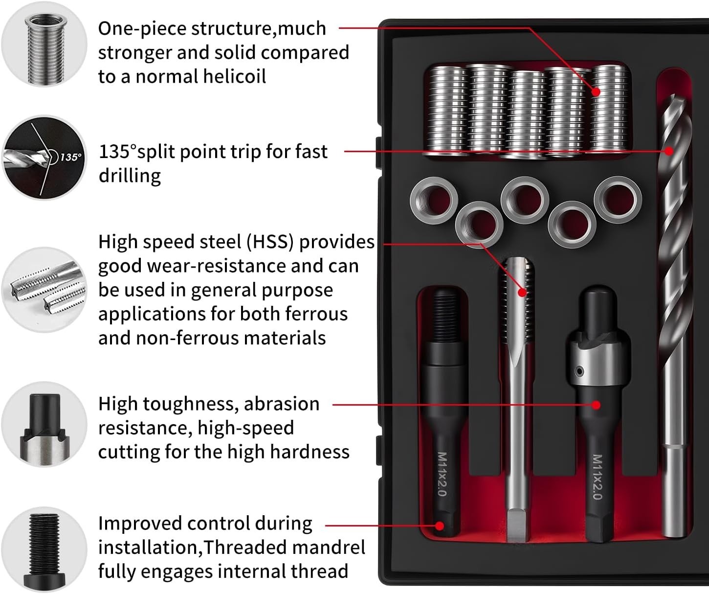 M11X2.0 Metric Thread Repair Kit with Insert HSS Drill, Tap, Installation Driver