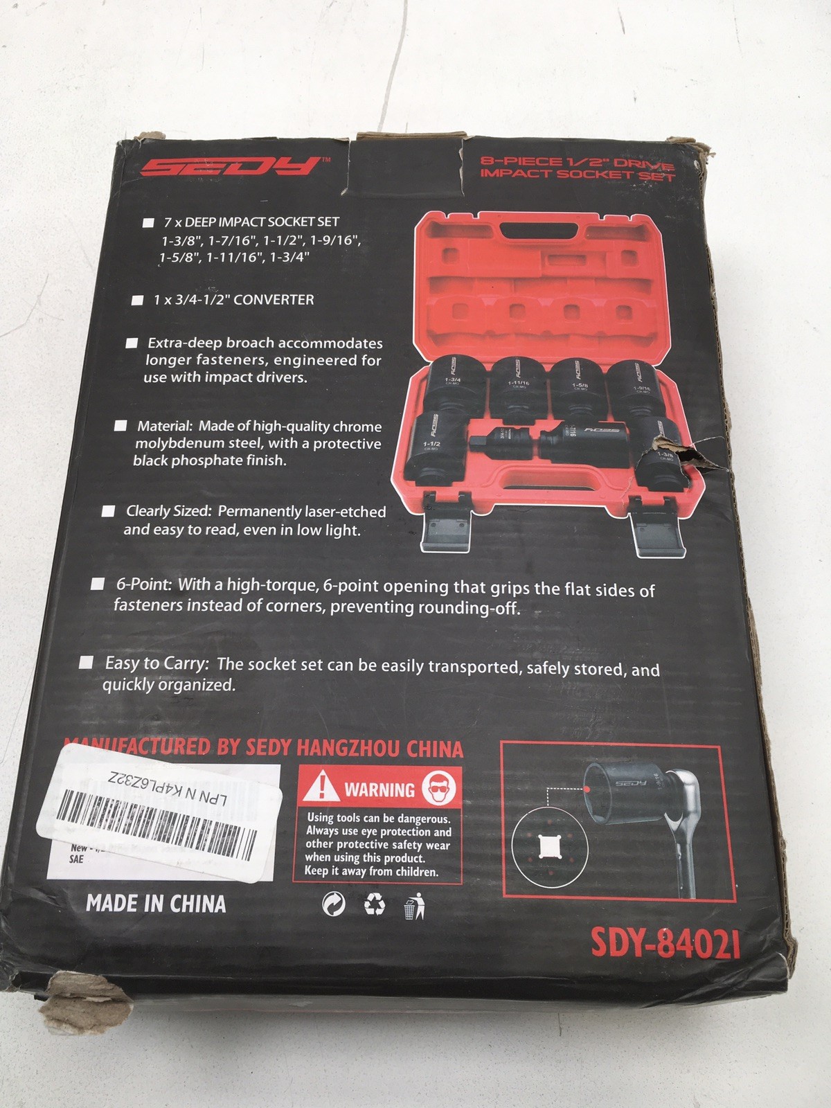SEDY 8 pc 1/2″ Drive Impact Socket Set with Case, Open Box