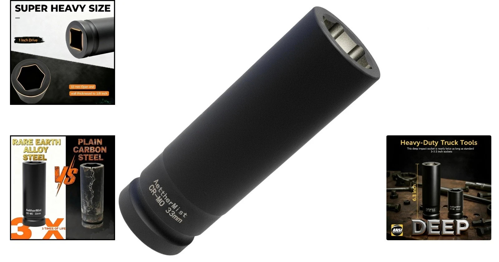 1 Inch Driver 33mm Extra Deep Impact Socket, 6.3 inch Length Deep Axle 6 Points