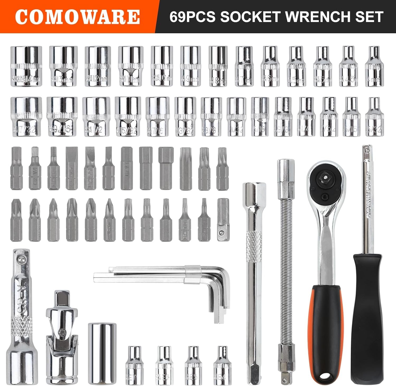 COMOWARE 69pcs Small Socket Set (1/4» & 3/8»), Metric & 69 PCS, Silver