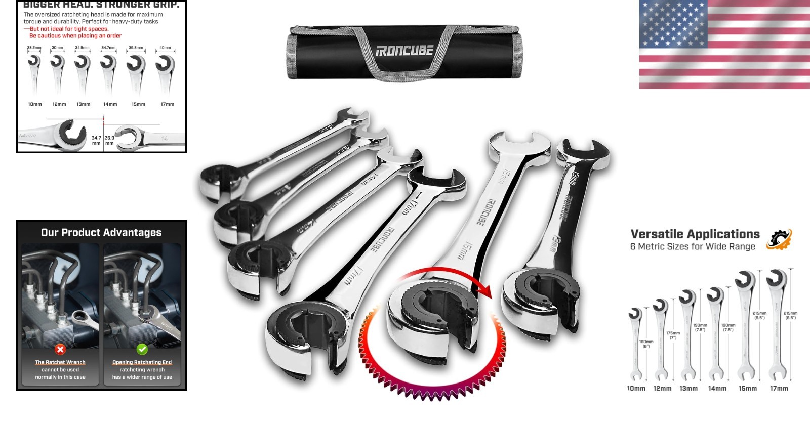 Chrome Vanadium Steel Open-End Ratchet Set 10-17mm