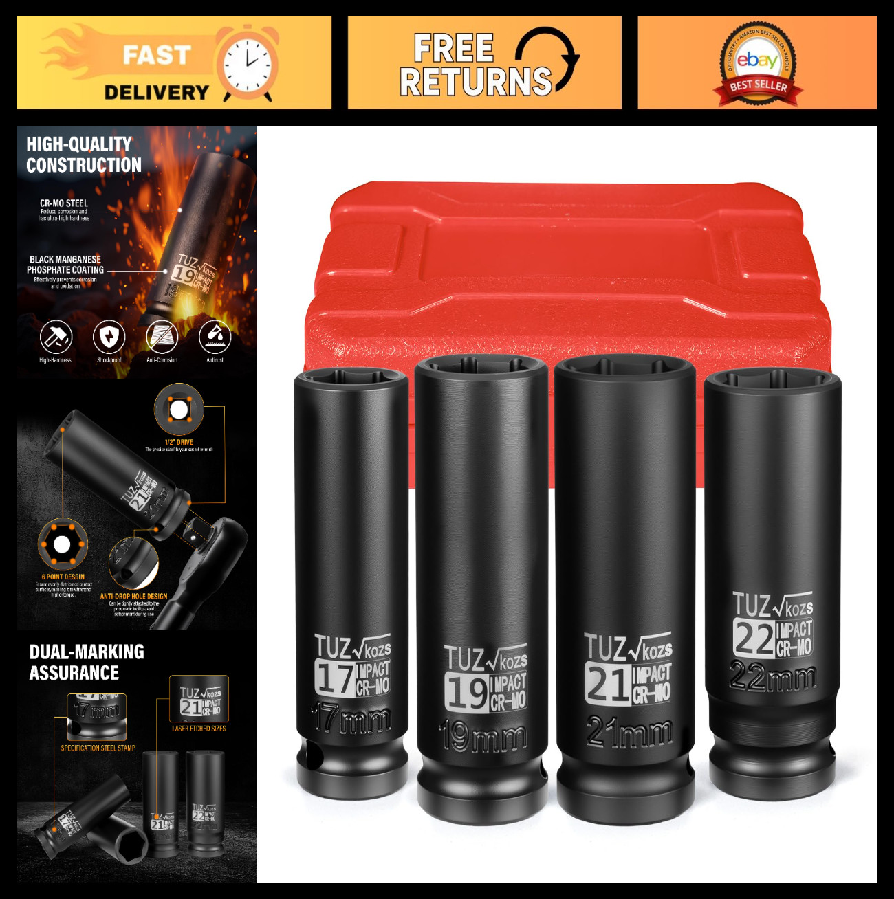 4-Piece 1/2″ Drive Deep Impact Socket Set – Metric 17mm 19mm 21mm 22mm, Cr-Mo, 6