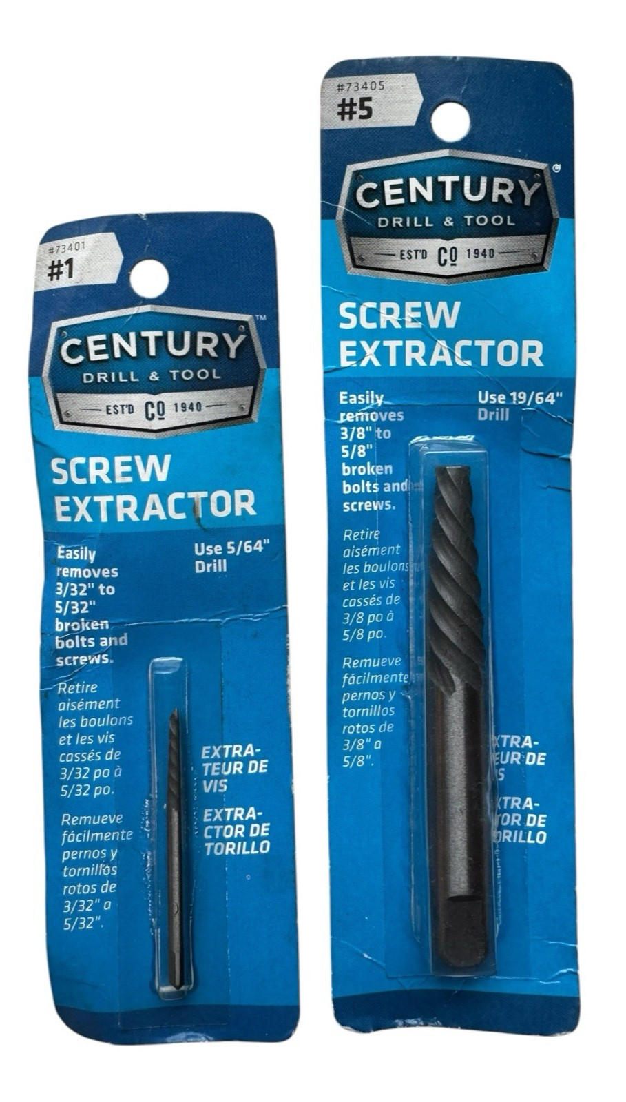 Century Drill & Tool 73401 #1 + 73405 #5 Spiral Flute Screw Extractors Set