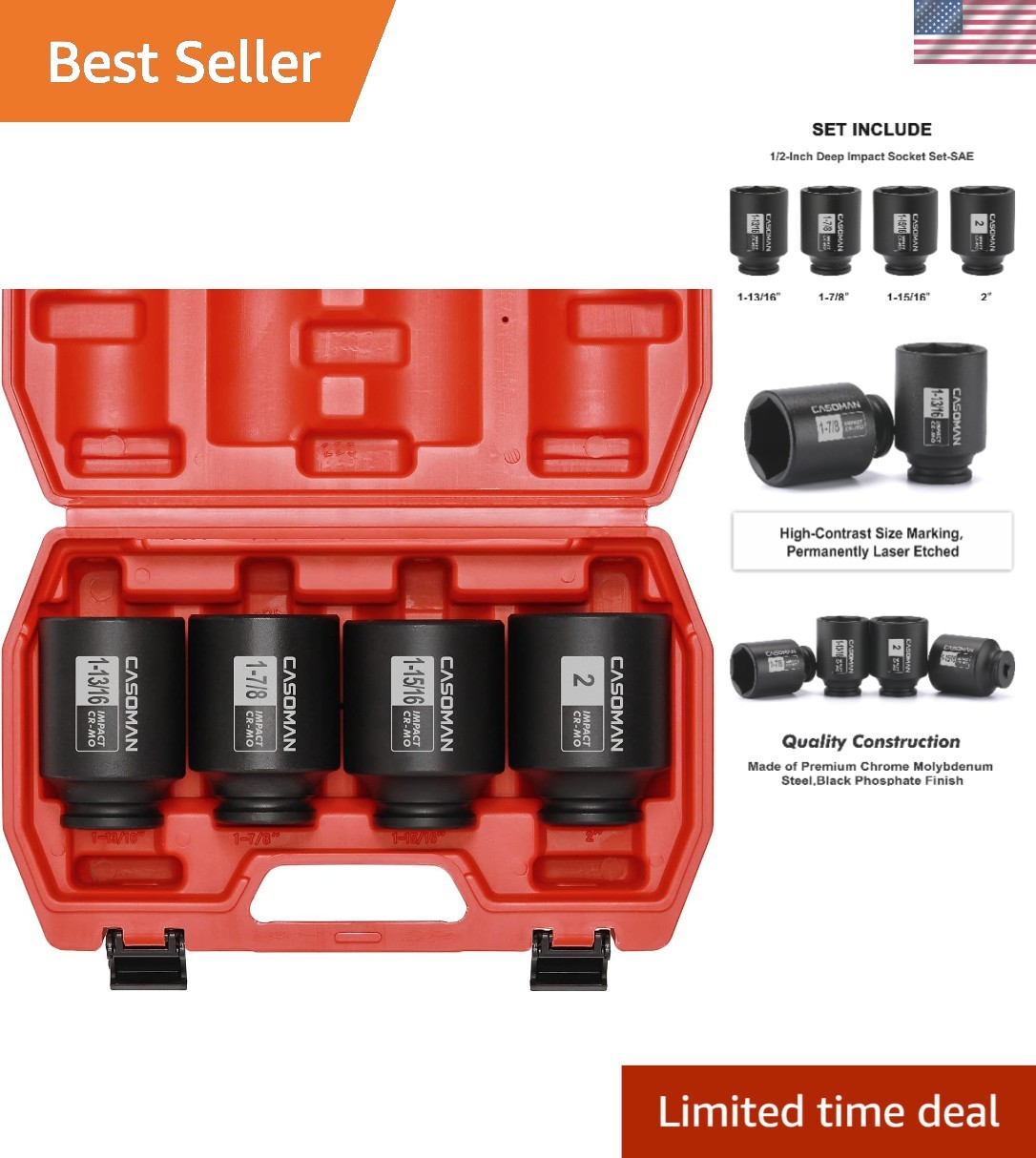 Heavy Duty 1/2-Inch Drive Deep Impact Socket Set – 4 Pieces, Corrosion-Resistant