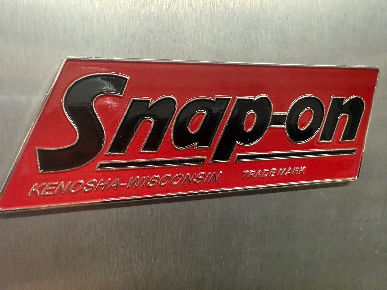 SNAP-ON Tools logo emblem VINTAGE Nameplate 1.5mm thick steel 5” x 2”.Rare.