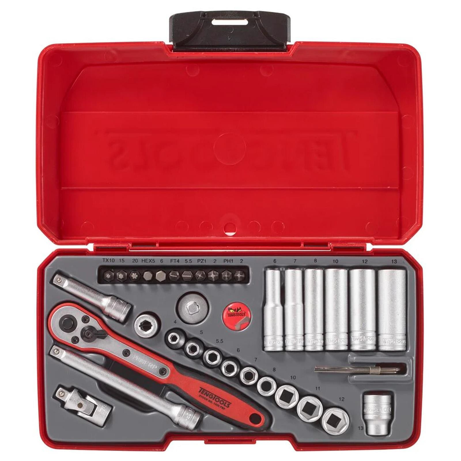 Teng Tools 1/4″ Drive Socket Set 6 Point 36 Pieces in Case Metric 4-13mm T1436