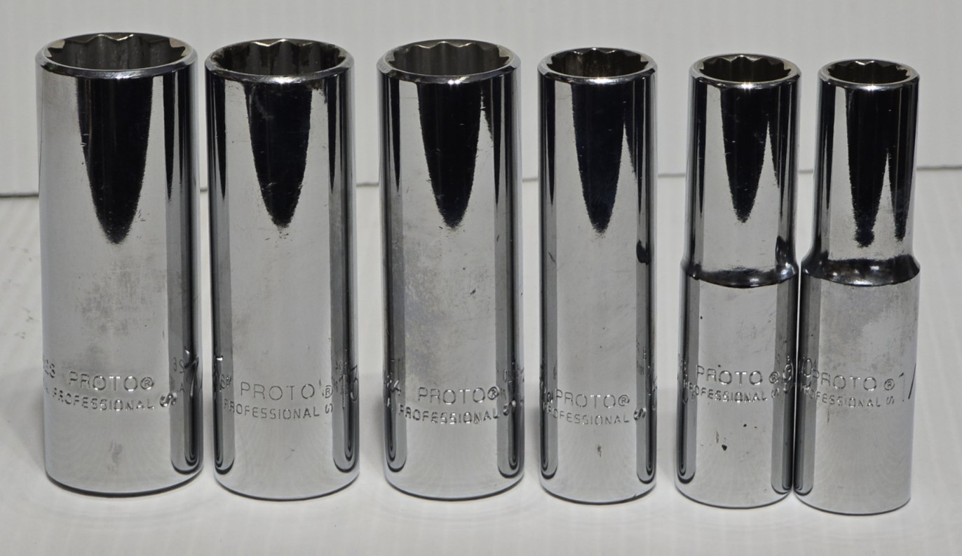 6 x PROTO 1/2″ Drive DEEP Sockets Metric 12pt 7/8, 13/16, 3/4, 5/8, 9/16, 1/2″