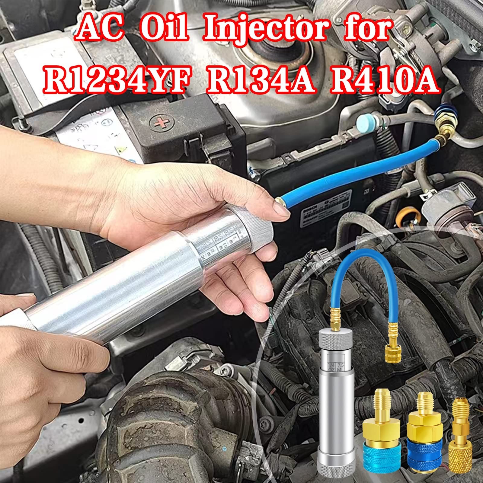 HVAC AC Oil Injector Tool for R1234YF R134A R410A – 2 OZ Dye Oil Injector with 1