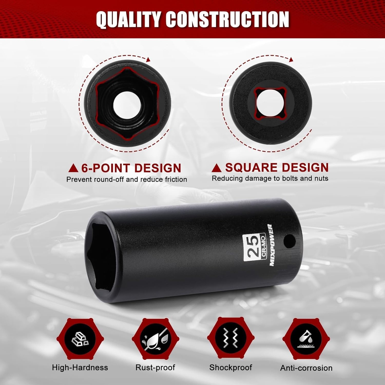 1/2″ Drive Deep Impact Socket, 25mm, CR-MO Steel for Automotive Repairs