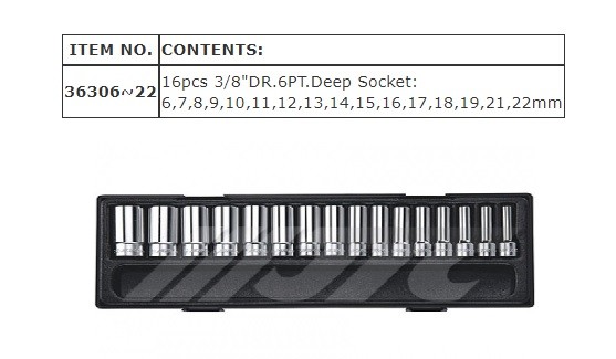 JTC 3/8″ DR.16 PCS DEEP SOCKET SET 6 MM~22 MM, JTC TOOLS # K3161
