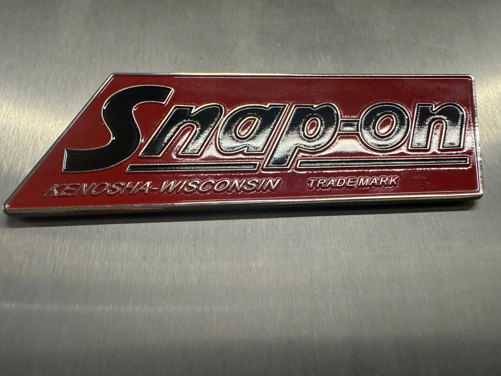 SNAP-ON Tools logo emblem VINTAGE Nameplate 1.5mm thick steel 5” x 2”.Rare.