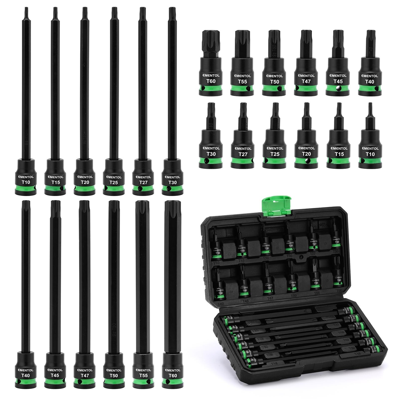 24PCS 3/8″ Drive Extra Long Torx Bit Socket Set T10-T60, Cr-V & S2 Steel