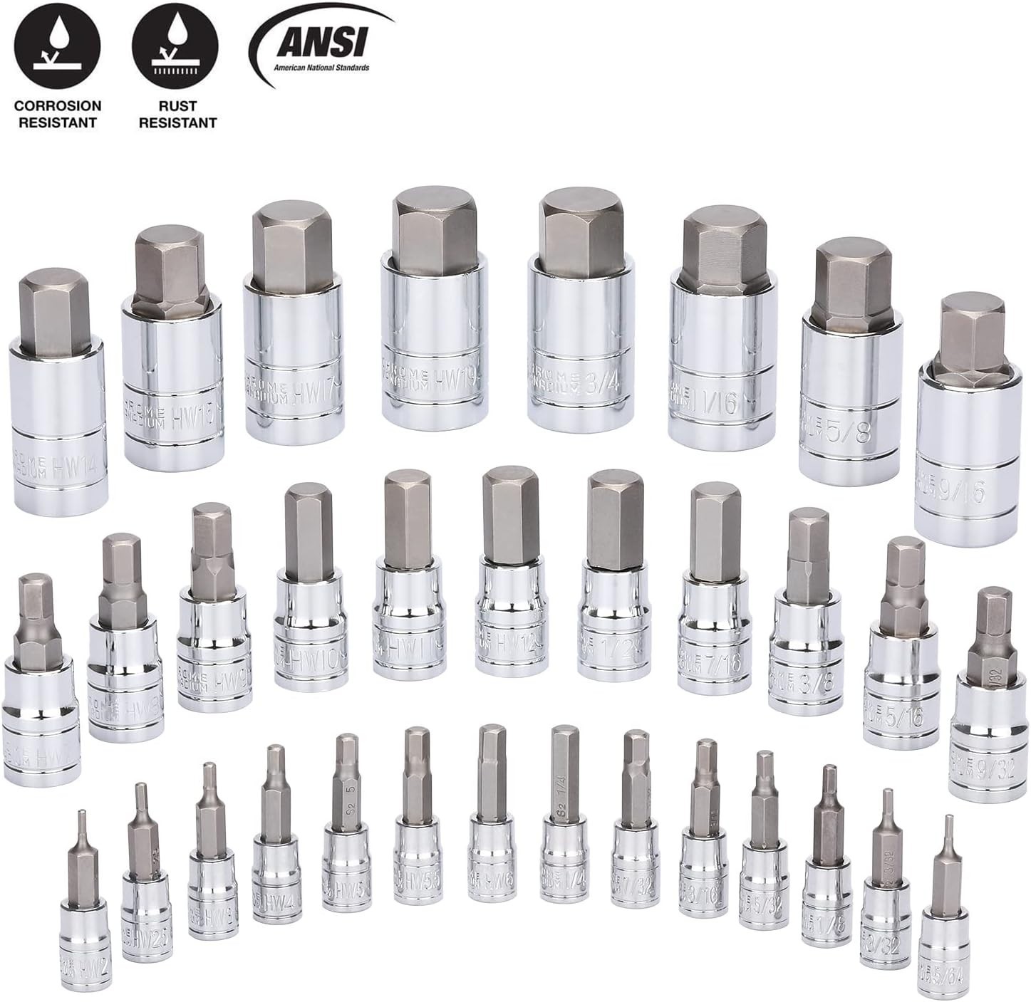 33pc Hex Bit Socket Set SAE Metric Allen Master Kit S2 Steel 1/4 3/8 1/2 Dr Case
