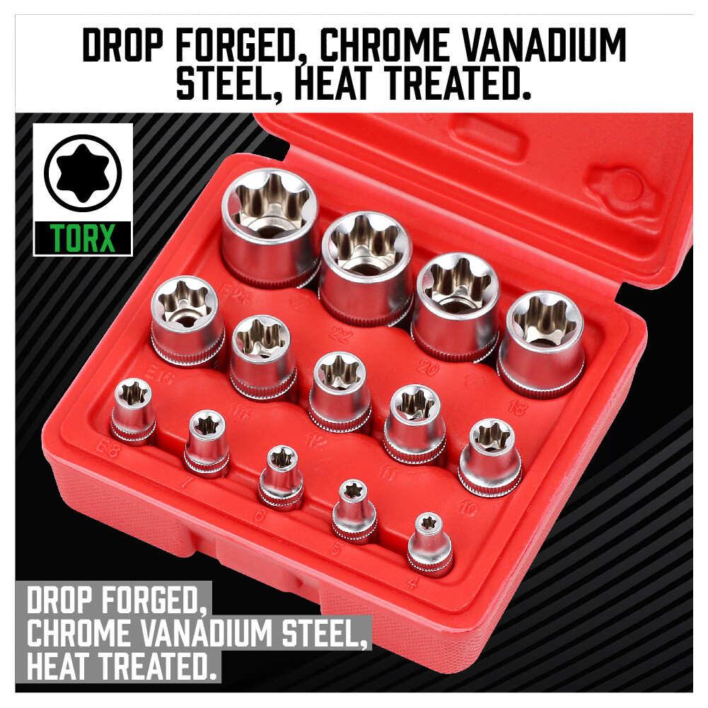 14Pcs E Torx Star Female Bit Socket Set 1/2″ 3/8″ 1/4″ Drive E4-E24 Storage Case