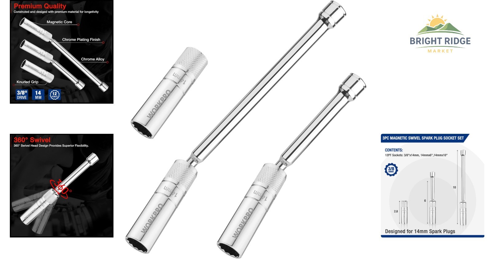 3PC 14mm Spark Plug Socket Set with Magnetic Swivel and 6-10 Inch Extensions
