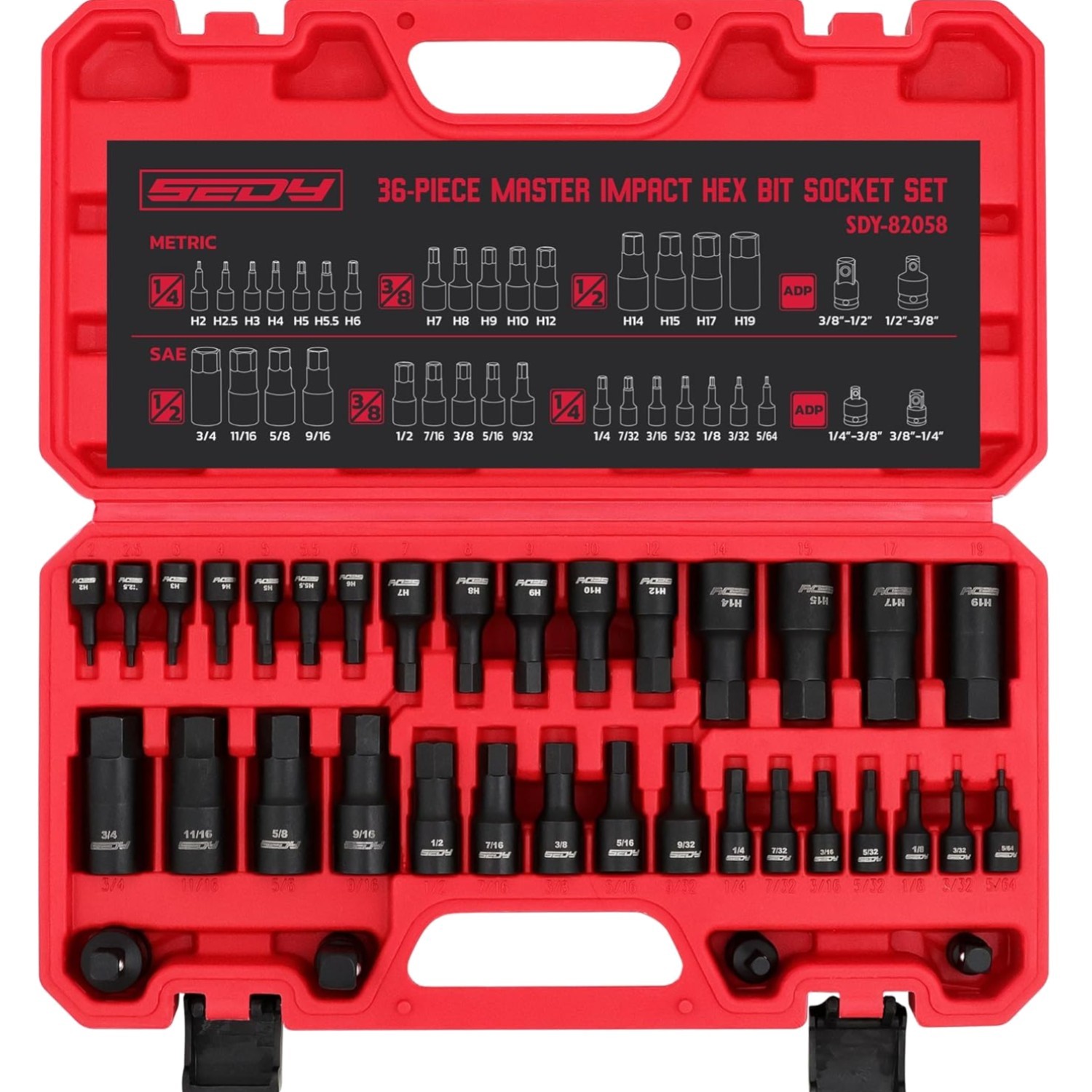 Hex Impact Socket Set 36-Piece SAE Metric with Adapters Durable Storage Case