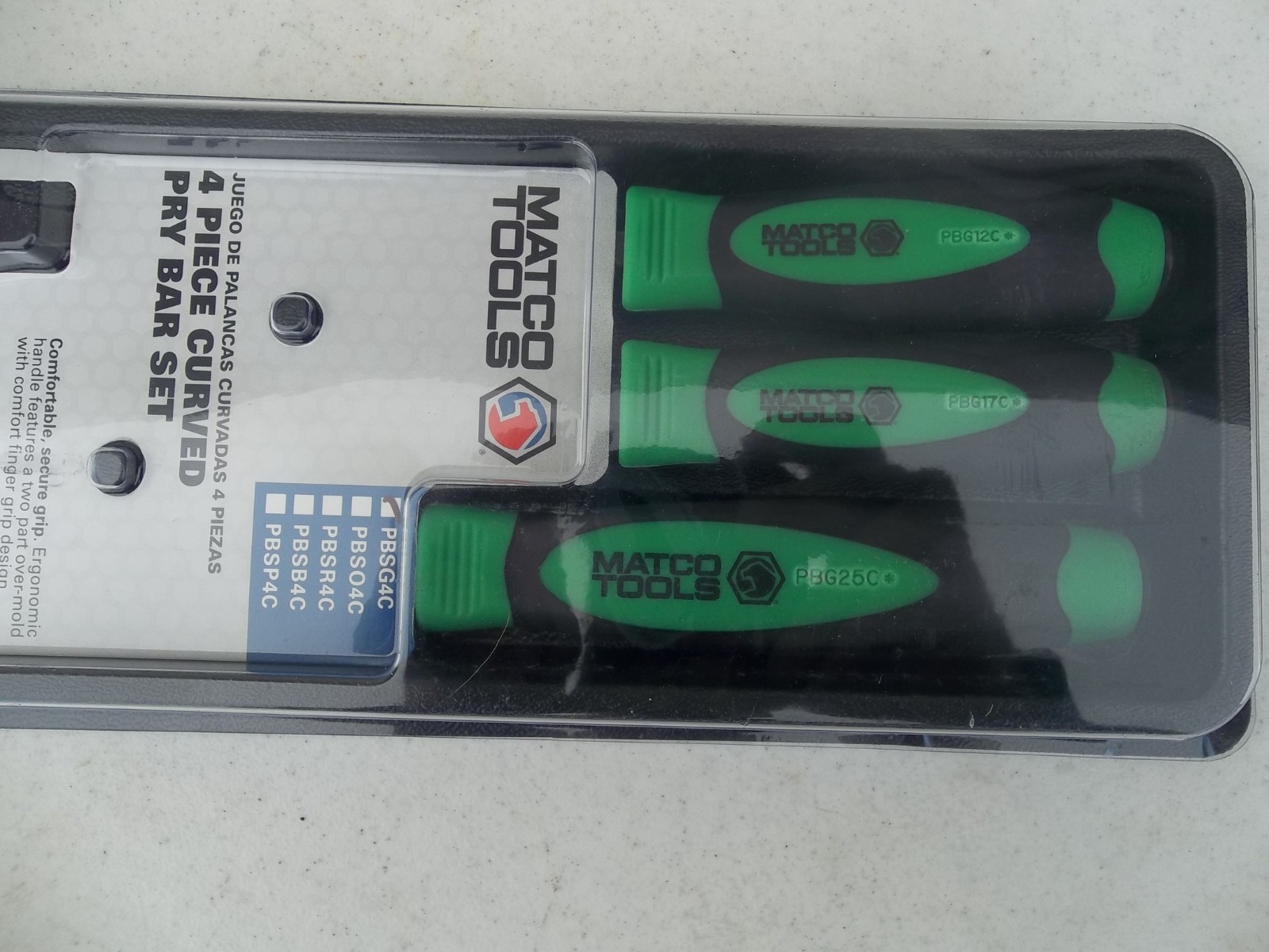 New Matco PBSG4C 4 Pc Green Curved Tip Prybar Set in Storage Tray-8»12»17»25″