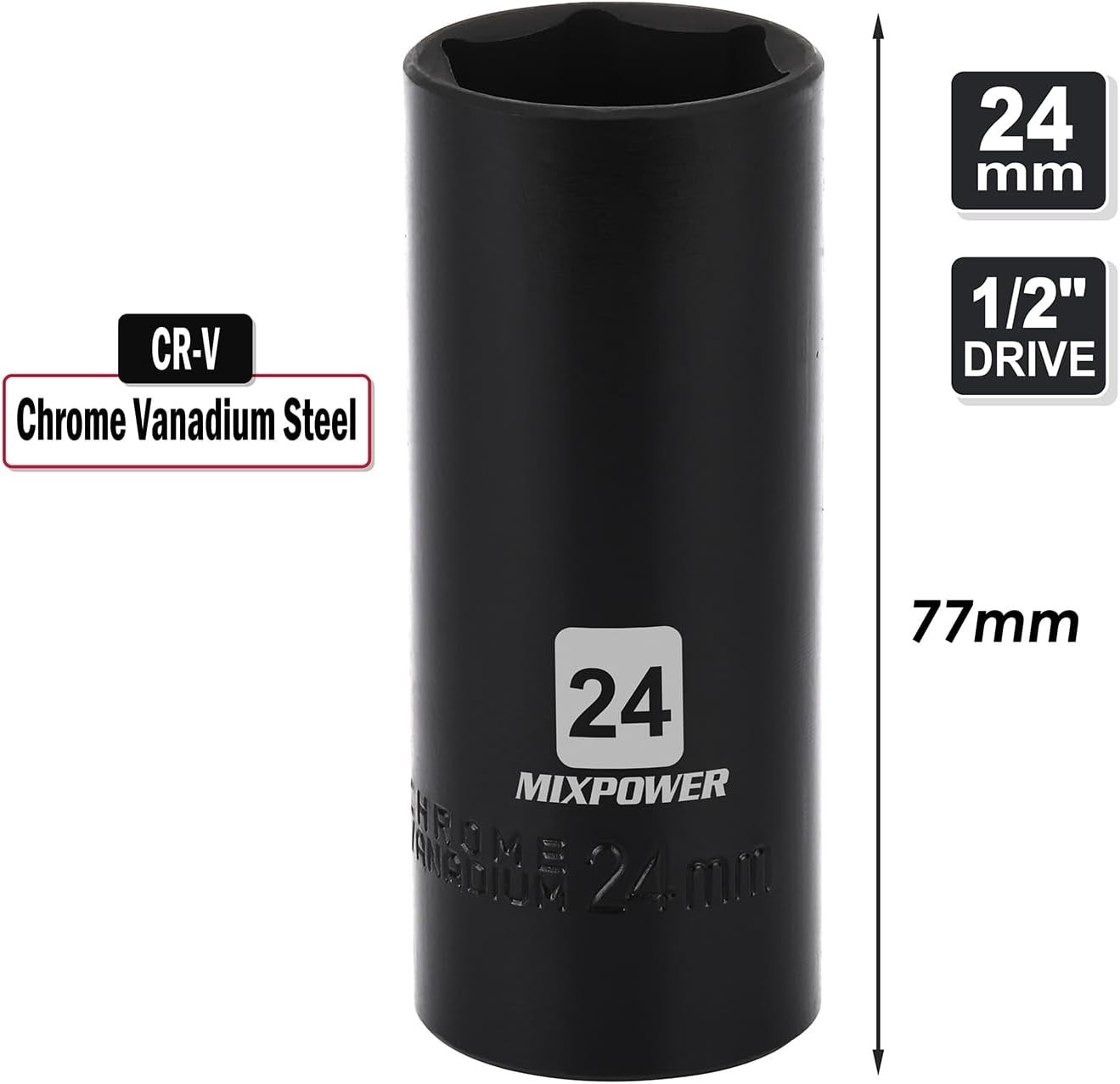 1/2-Inch Drive Impact Socket 24mm – Corrosion-Resistant CR-V 6 Point Design