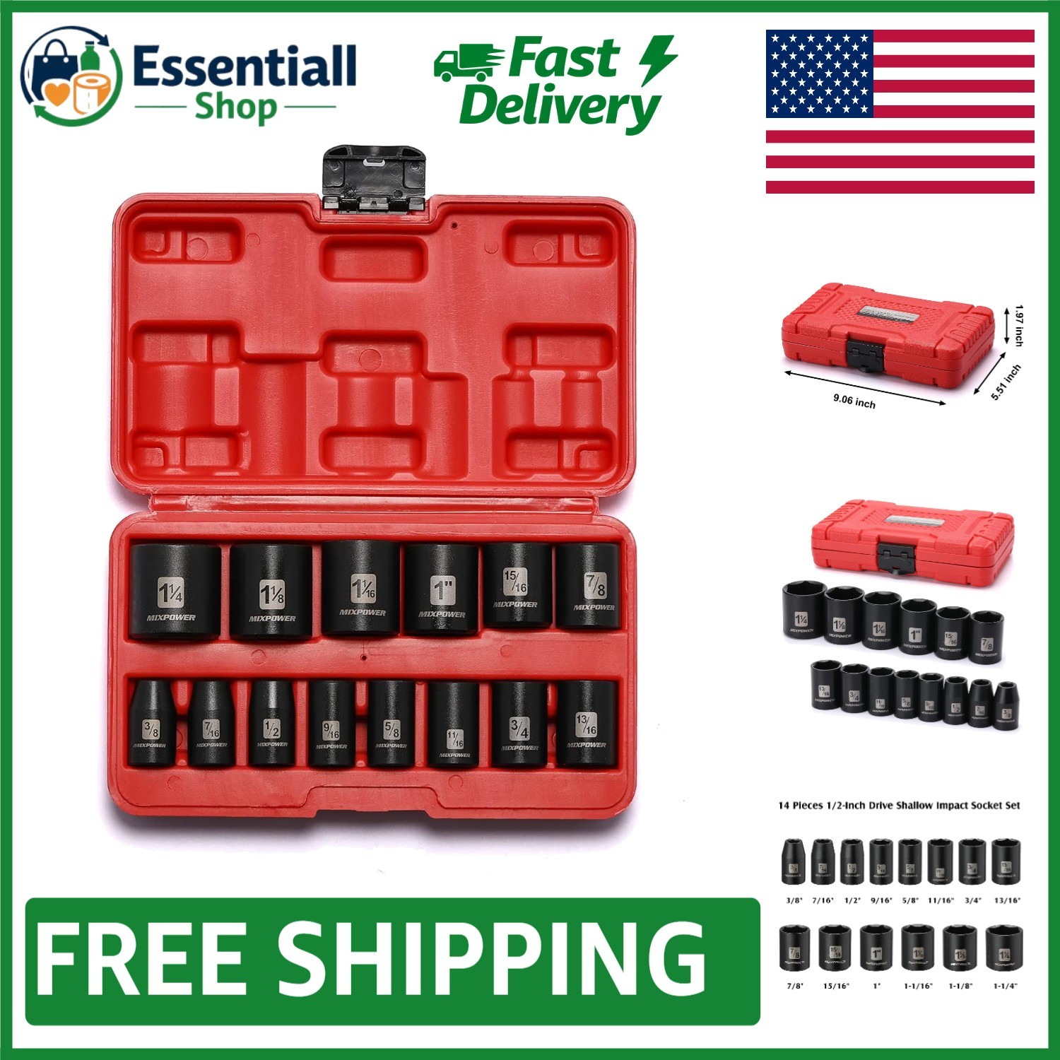 14-Piece 1/2-Inch Drive CR-V Impact Socket Set – 3/8