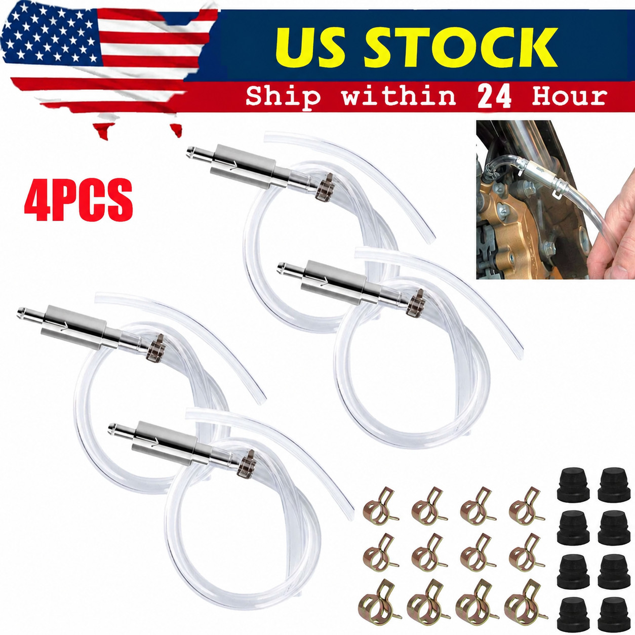 4 PCS Brake Bleeder Hose, One Way Check Valve Tube Bleeding Tool Kit Silver USlW