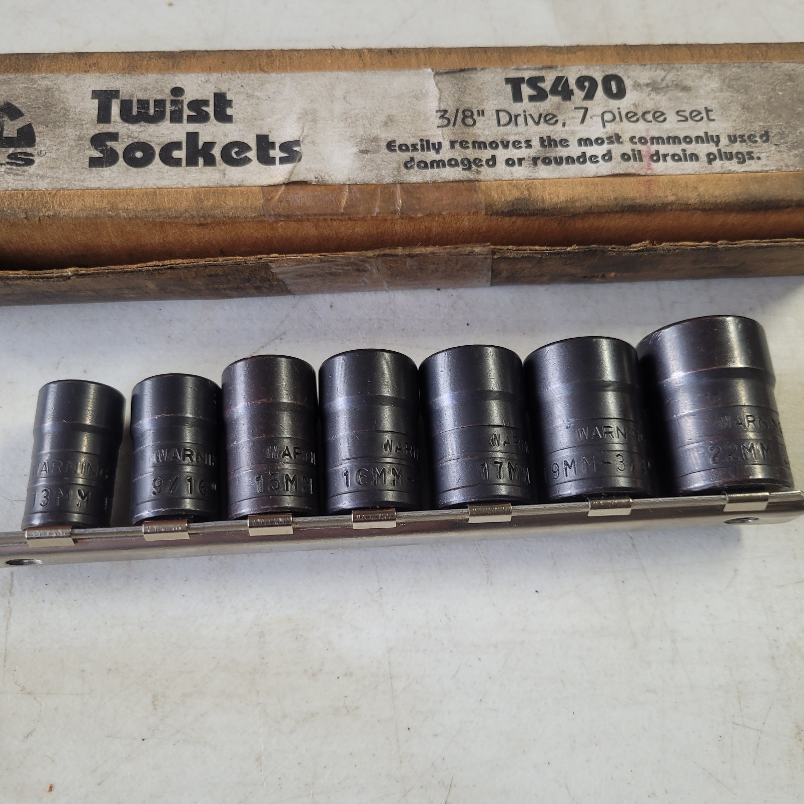 Vtg Mac Tools 7 Pc 3/8″ Drive Twist Socket Set 13-22mm Oil Drain Plug Tool TS490