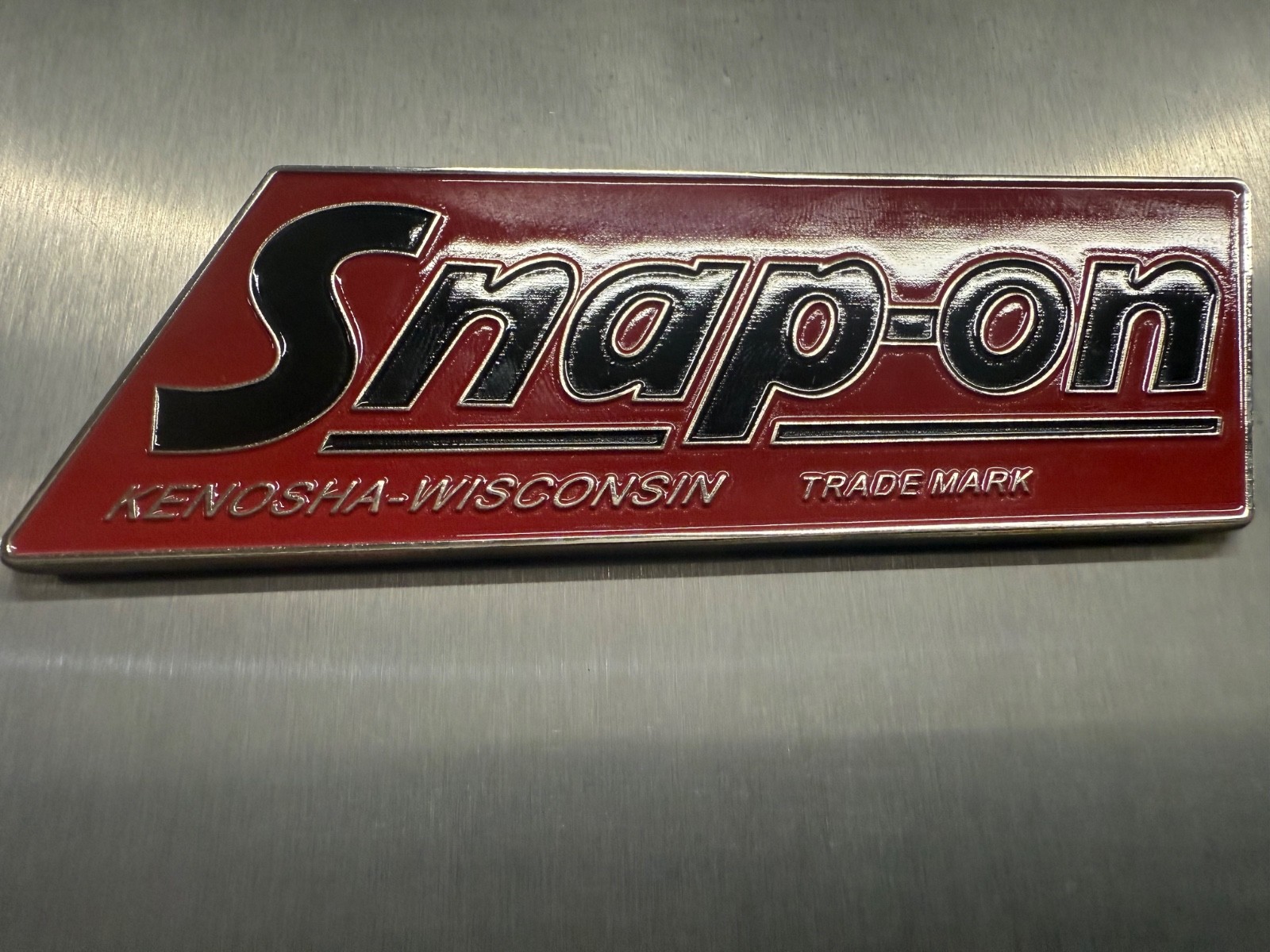 SNAP-ON Tools logo emblem VINTAGE Nameplate 1.5mm thick steel 5” x 2”.Rare.