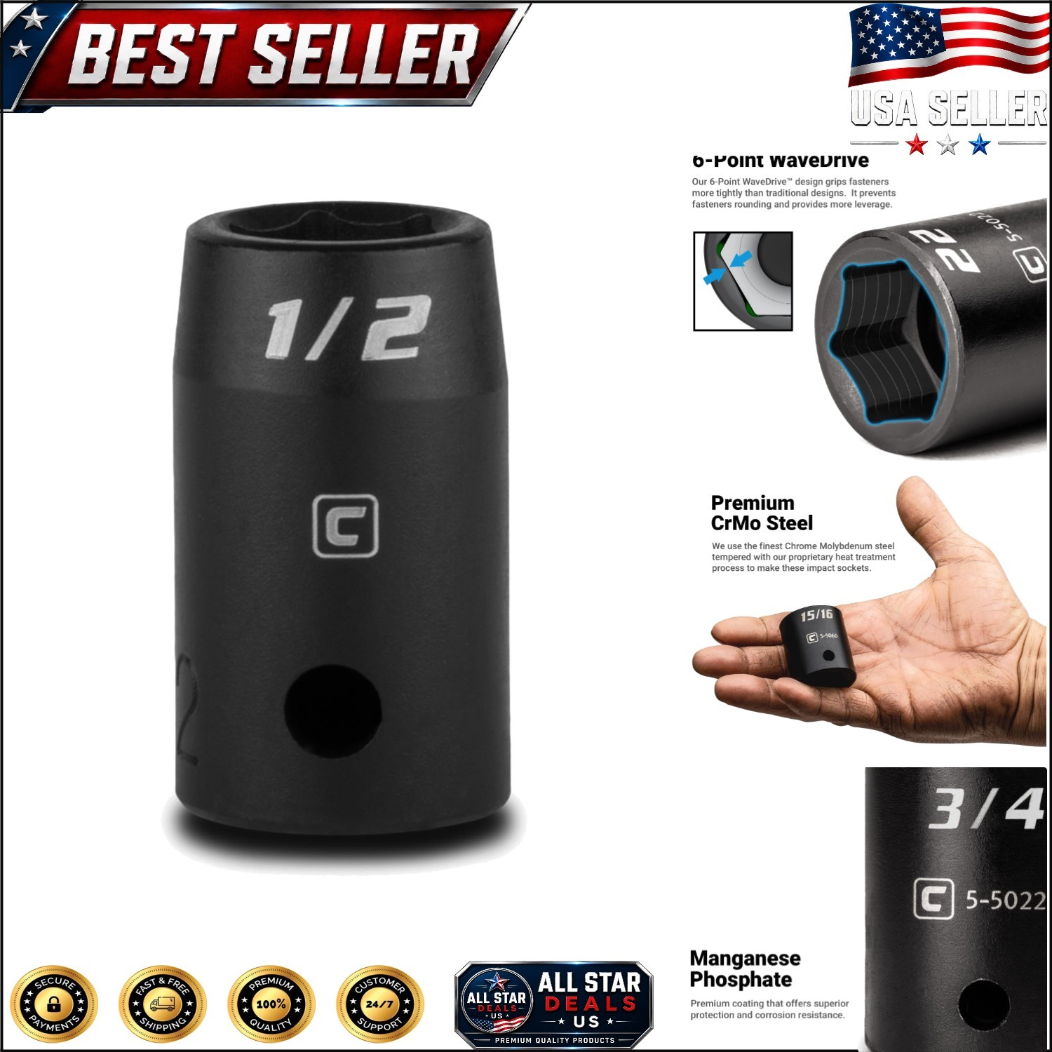 Professional 1/2-Inch Shallow Impact Socket – 6-Point Chrome Molybdenum Steel