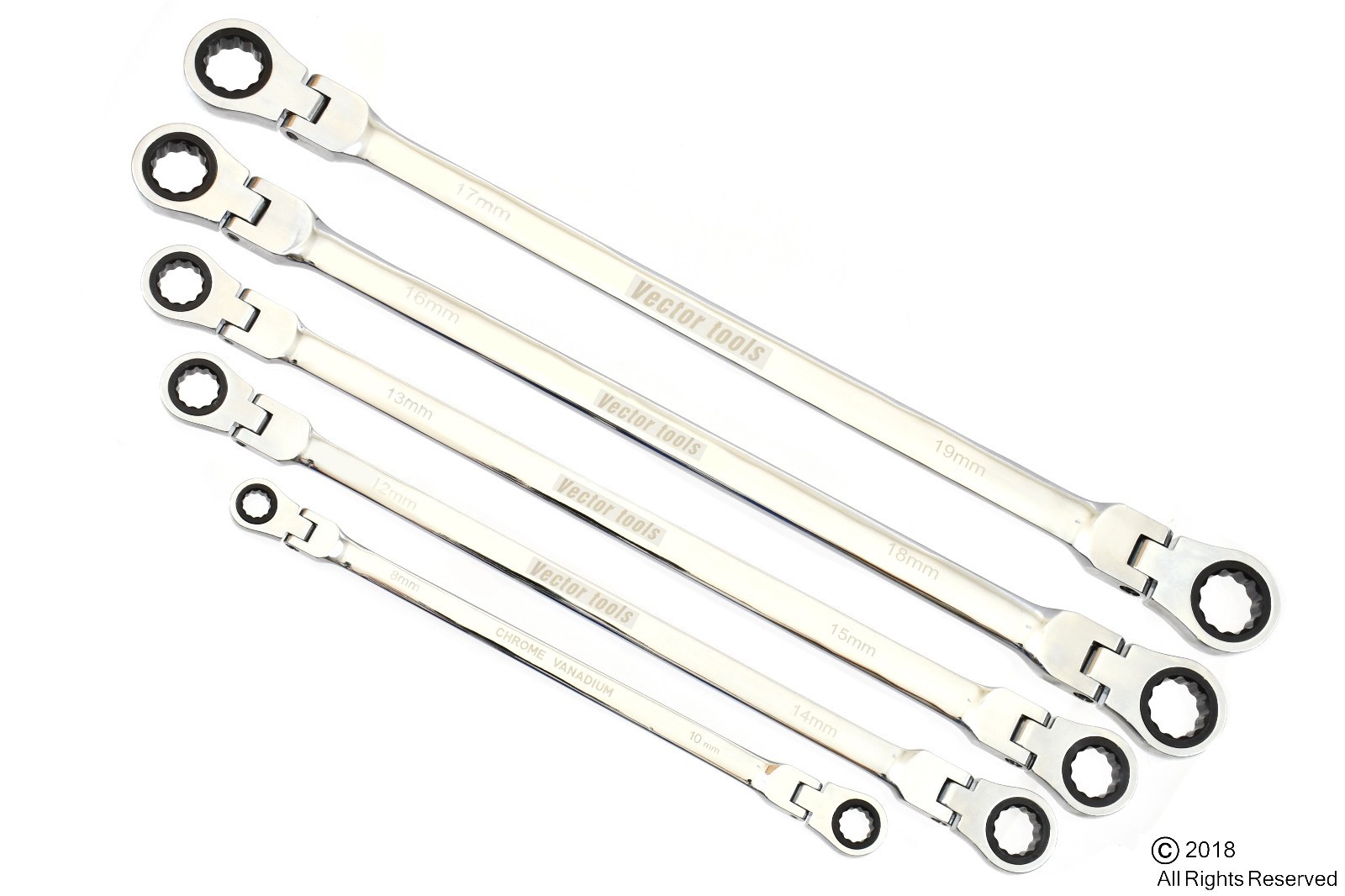 Double Box End Ratcheting Wrench Flex-Head Long 5 PC Set Metric 8mm – 19mm