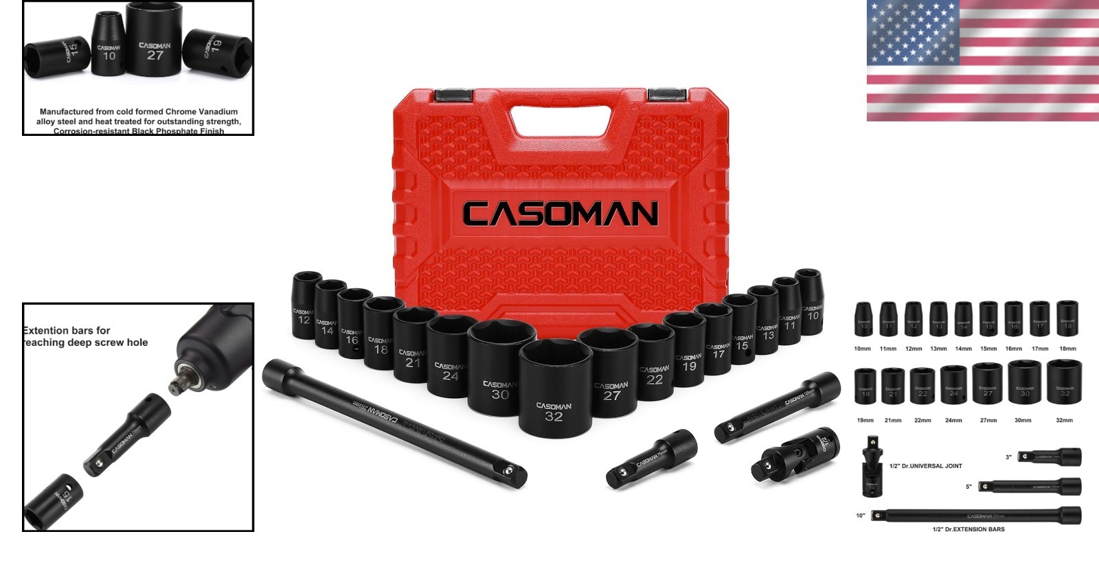 20-Piece 1/2-Inch Drive Shallow Impact Socket Set, 10mm-32mm, CR-V Quality