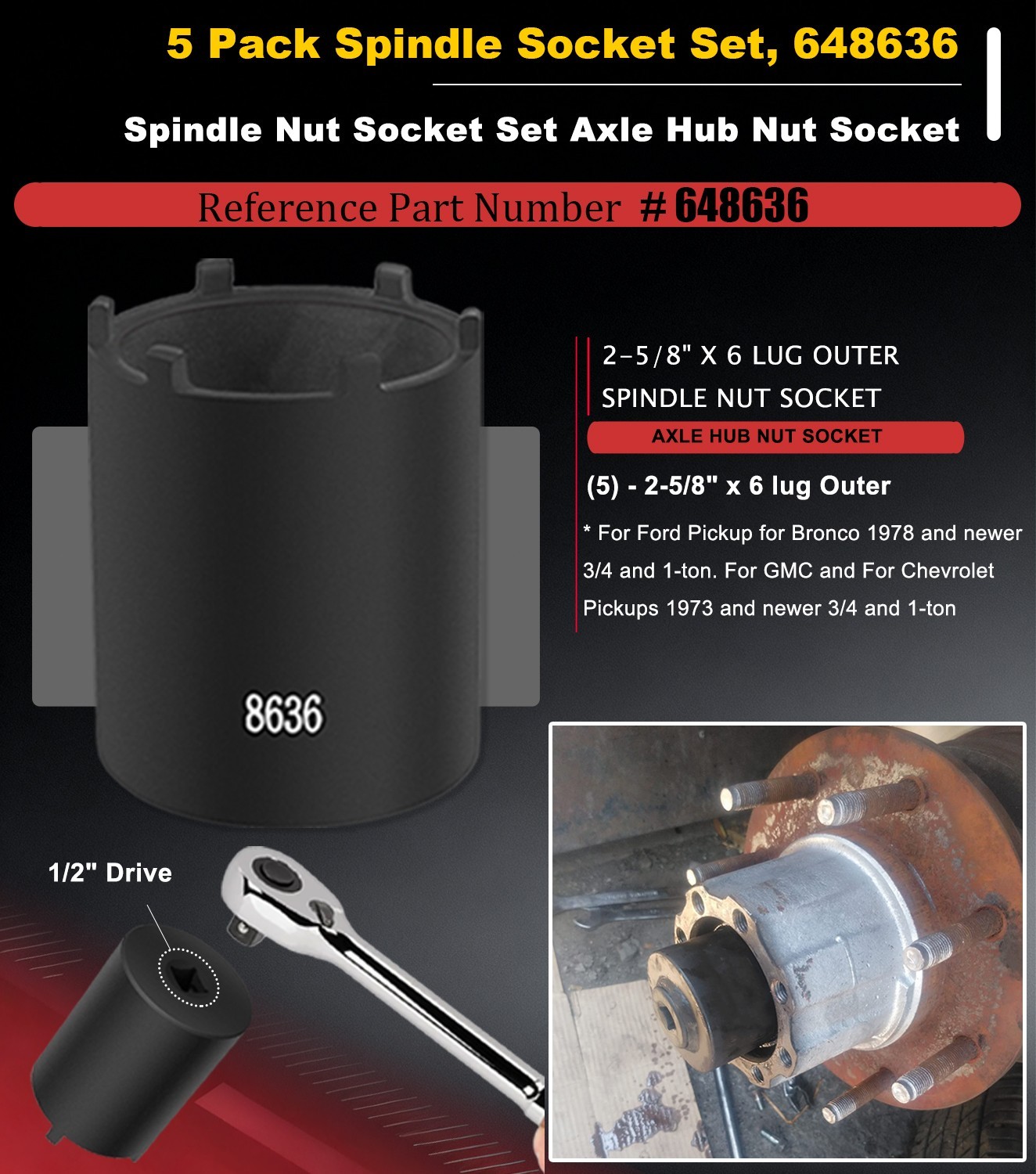5pcs Spindle Nut Sockets Kit Axle Hub Nut Socket For Ford Dana 50/60, 1/2″ Drive