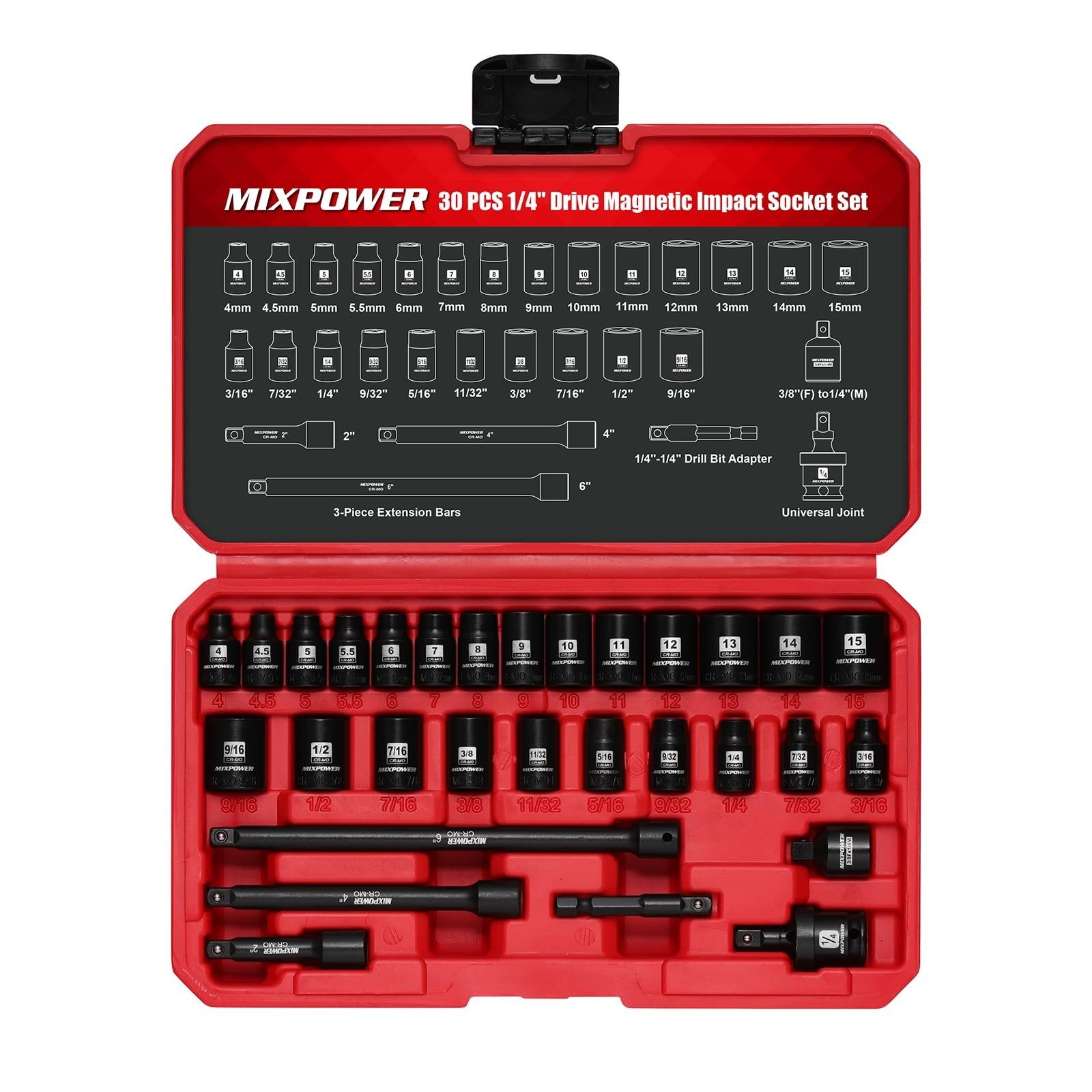 30 PCS 1/4″ Drive Magnetic Impact Socket Set, 6-Point Metric/SAE, Adapter & Exte