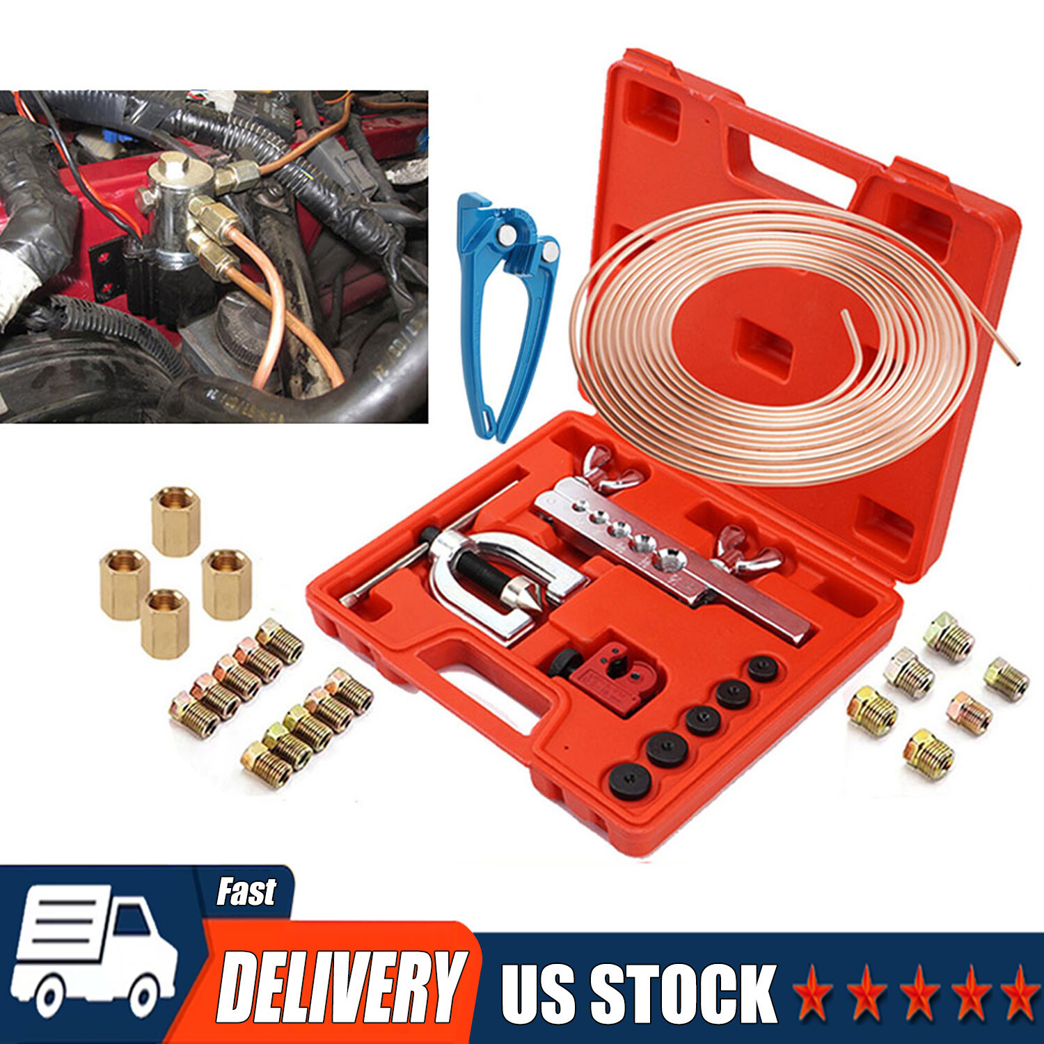 25 ft 3/16 Copper Coated Brake Line Flaring Tool Tube Bender + 20 Fittings Nuts