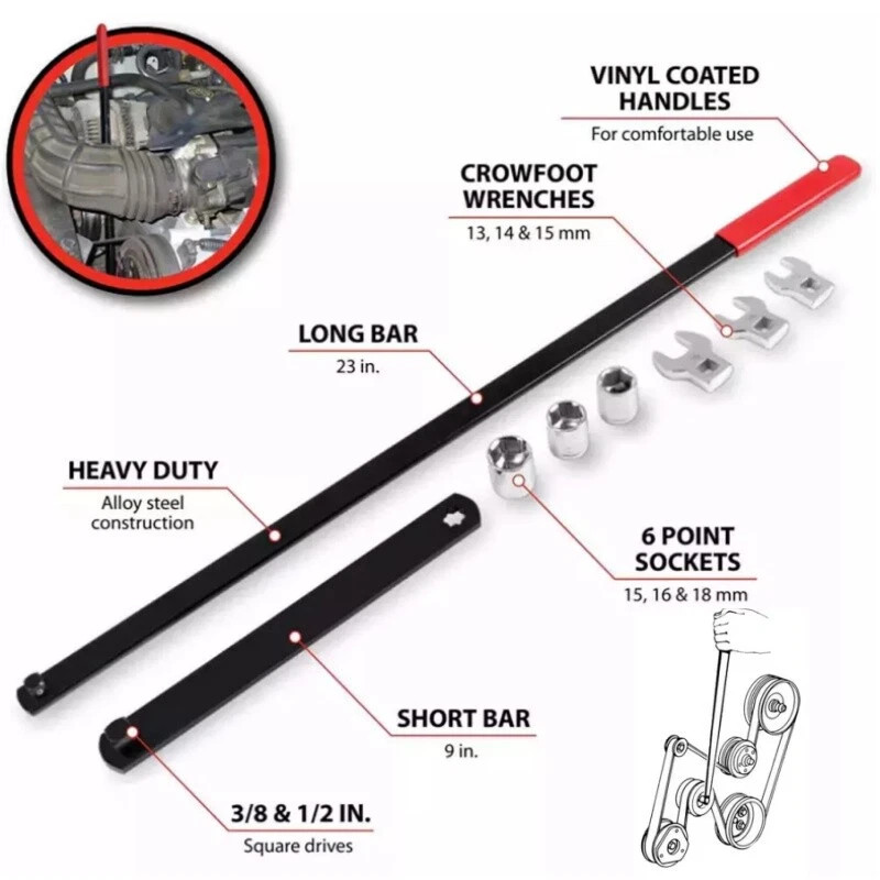 8PC Serpentine Belt Tension Tool 1/2″ 3/8″ Square Universal Belt Removal Wrech