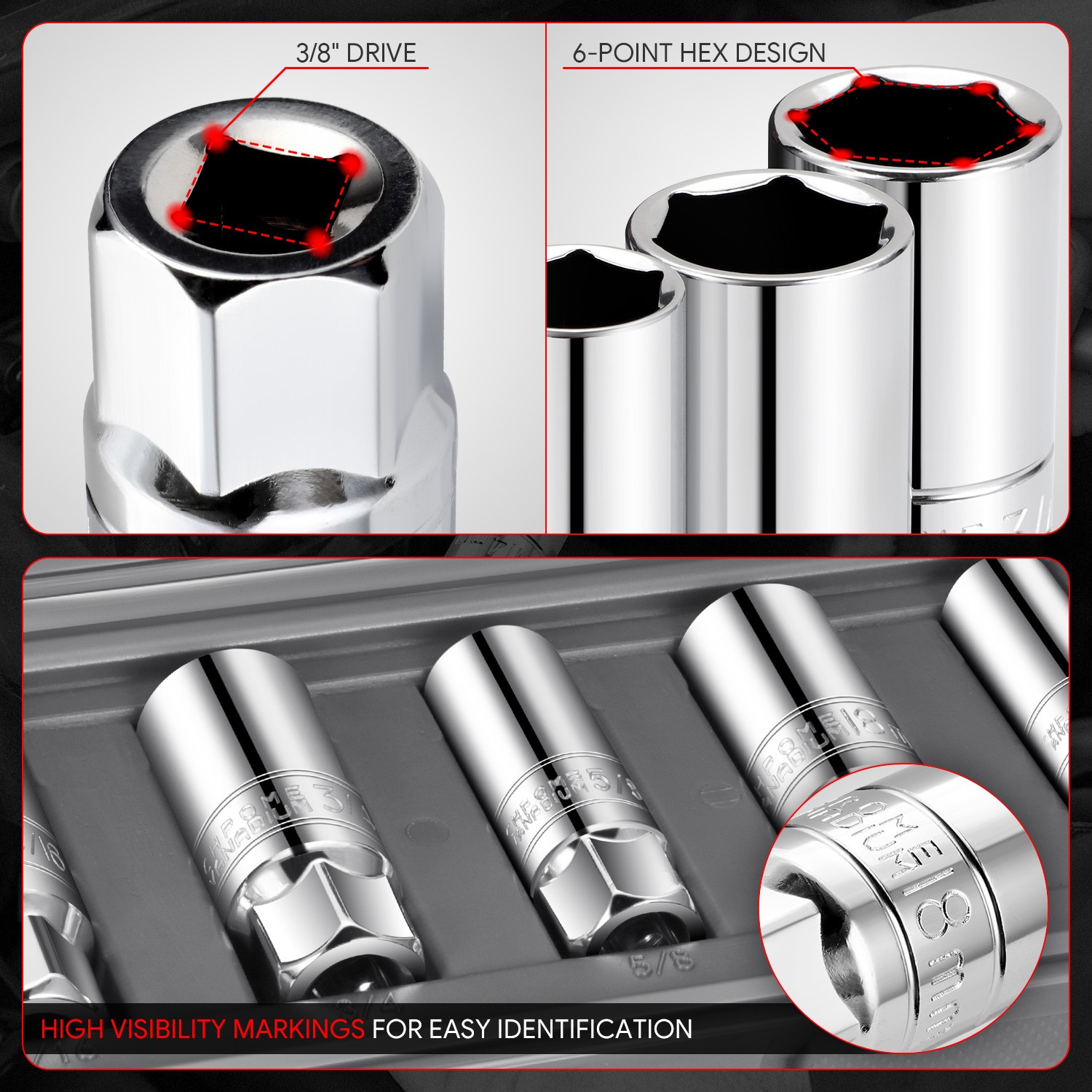 3/8″ SAE Metric Drive 6-Point Spark Plug Impact Socket Set w/ Storage Case 5Pack