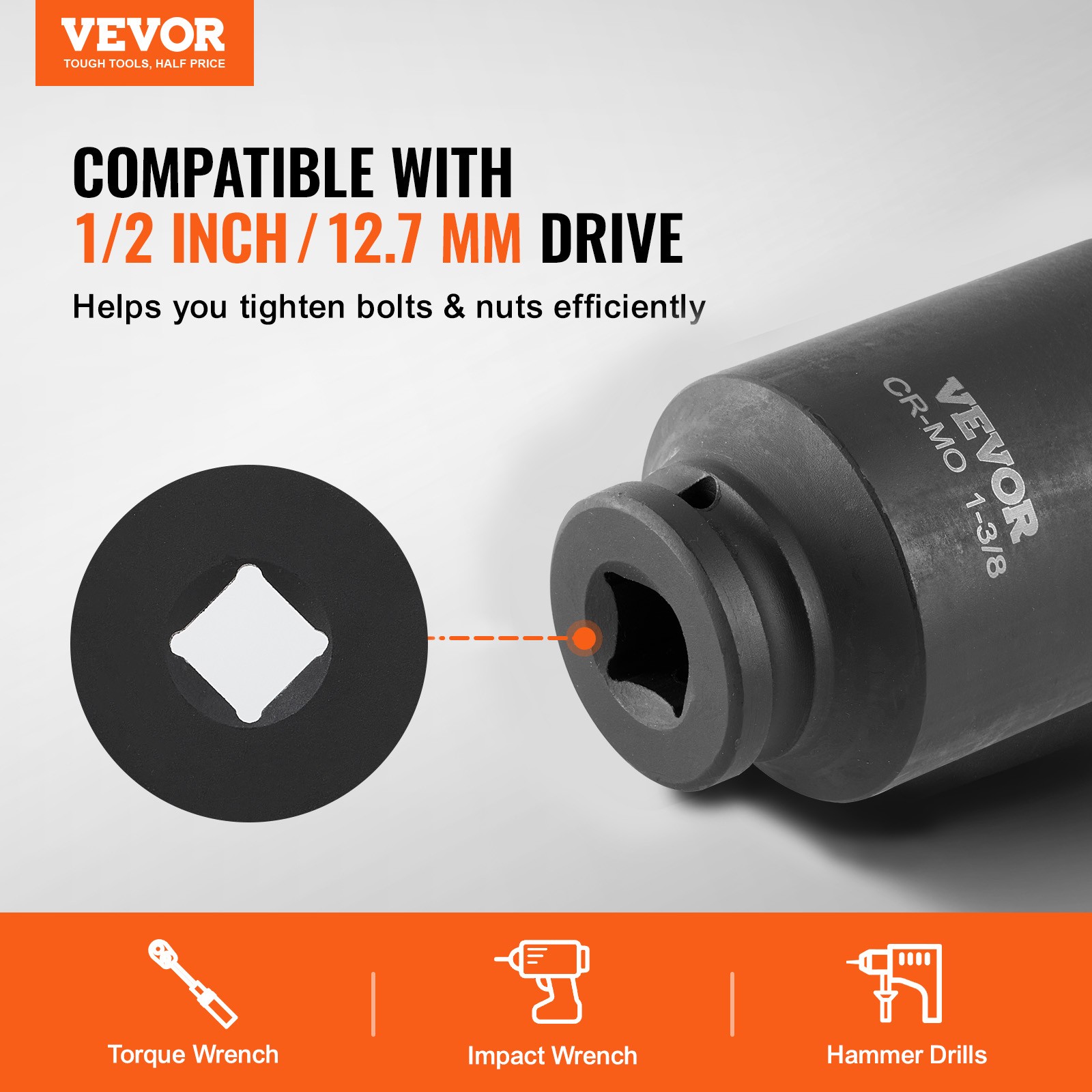 VEVOR Axle Nut Impact Socket Set 1/2″ Drive Deep 12-Point 8PCS Metric Nut Socket