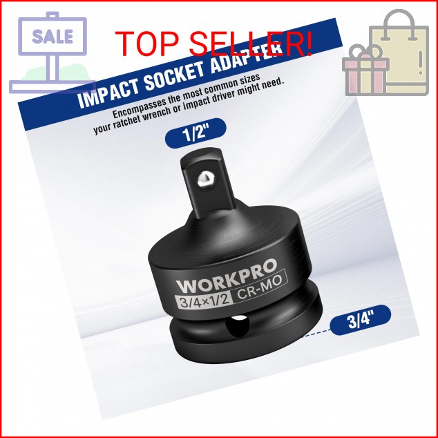 WORKPRO 3/4″ F to 1/2″ M Impact Socket Adapter, Cr-Mo Steel, Socket Adapter Set
