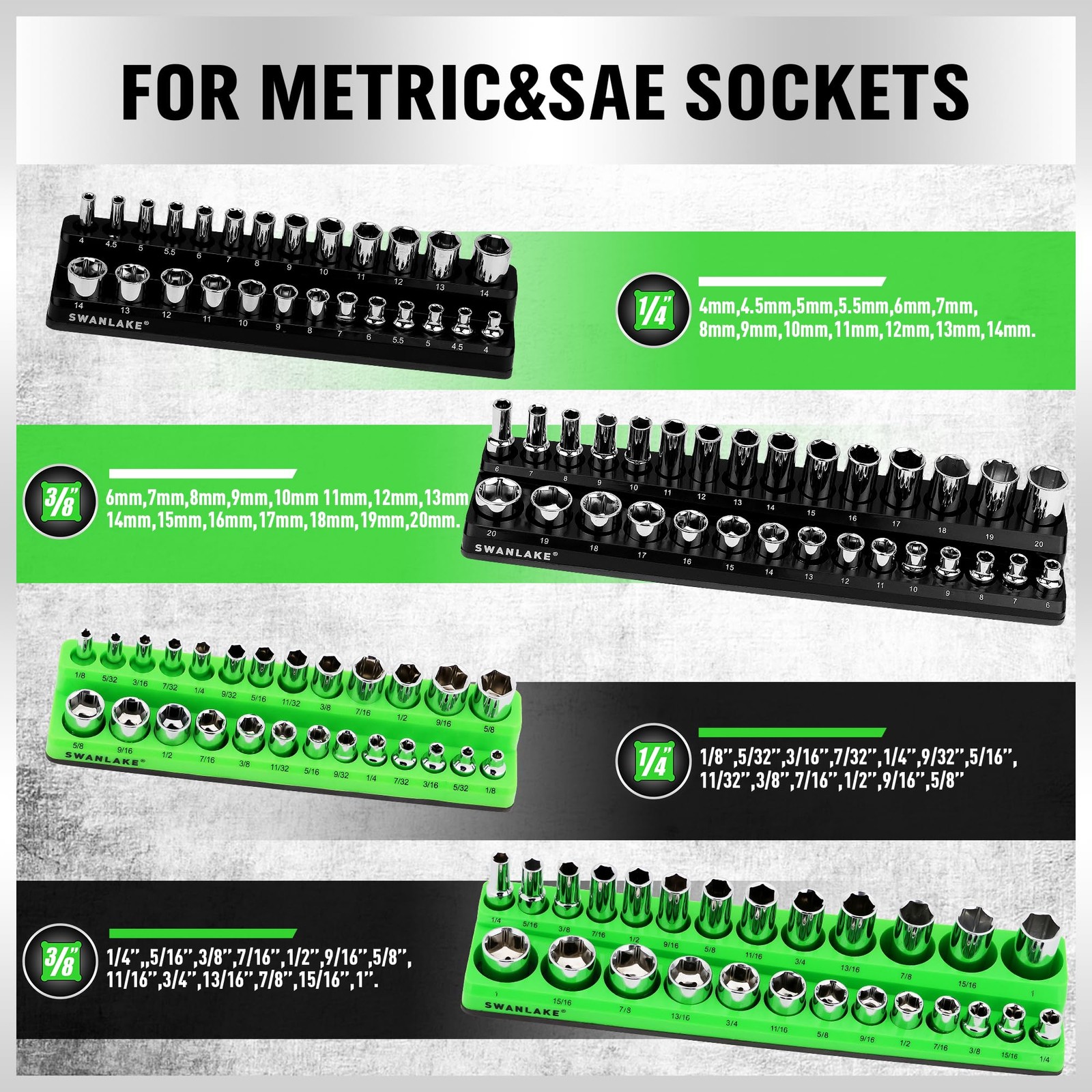 SWANLAKE 4-Piece Magnetic Socket Organizer Set, 4PCS Green/Black, Green&black