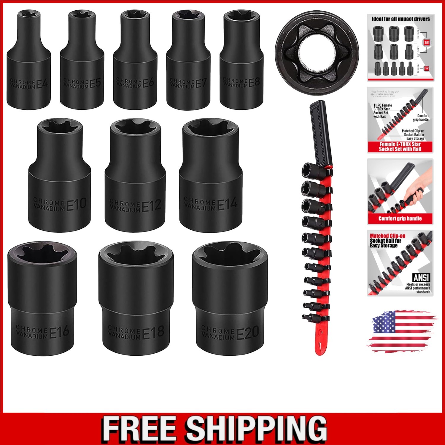 Robust E-Torx Socket Set (11 Pieces) – Essential for Mechanics & DIY Enthusiasts