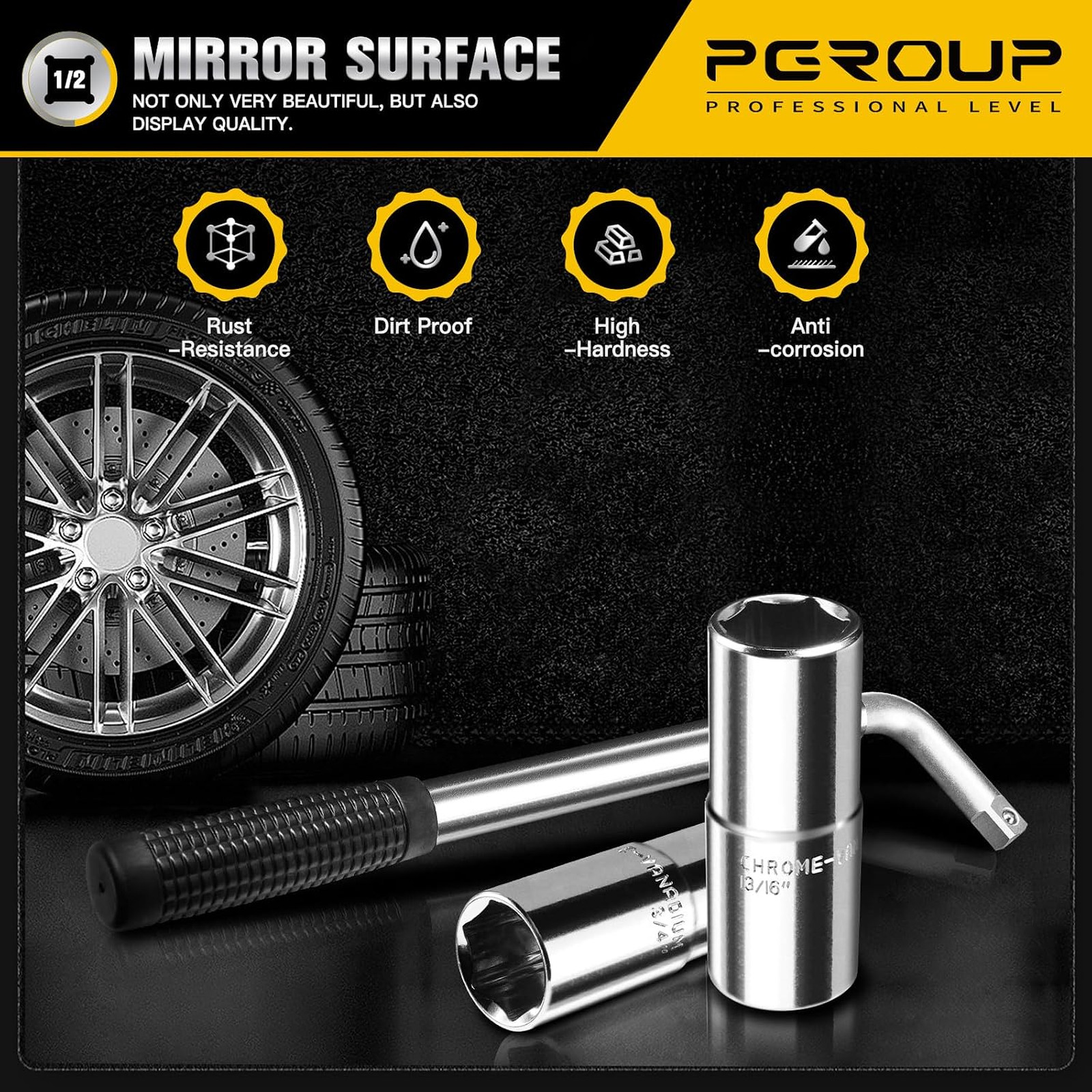 Telescoping Lug Wrench with Chrome Vanadium Steel Sockets 17mm 19mm 21mm 22mm