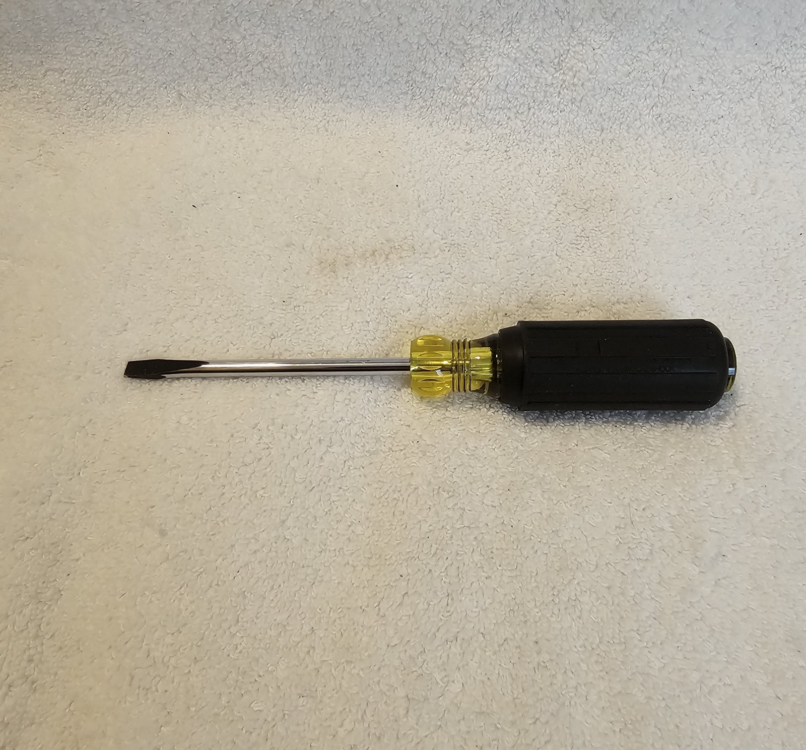 604-4 Klein Tools Long Flat Blade Screwdriver Black / Yellow Handle Round Shank