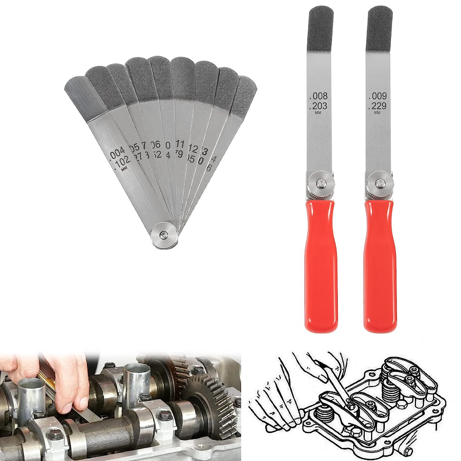 A308 Offset Valve Tappet Gauge 11-Blade Feeler Gauge Kit Sizes 0.004″ to 0.014″