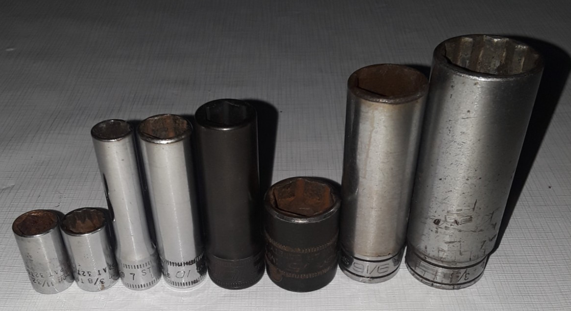 8 SnapOn Sockets 3/8 Impact 10, 15 1/4″D Chrome 7,10,11/32,3/8 & 3/8″D 9/16 3/4