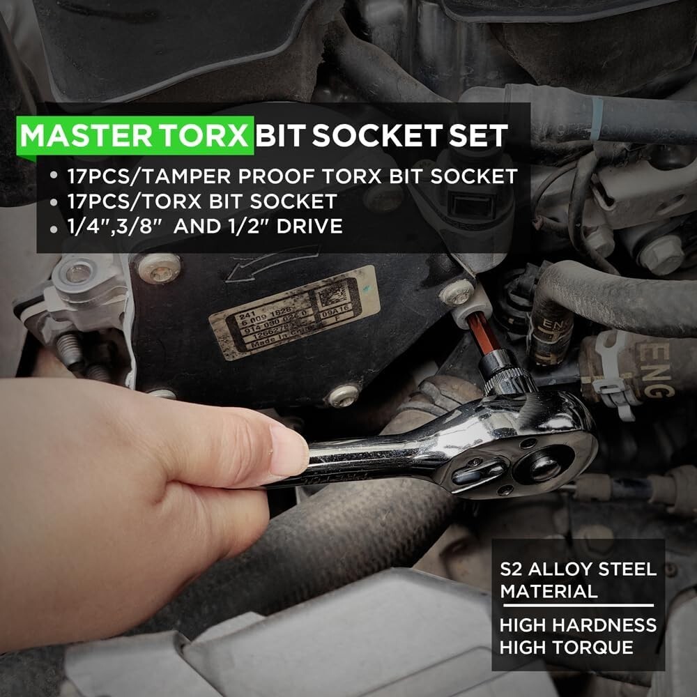 34 PCS Torx Bit Socket Set, S2 Steel, Tamper-Proof T6-T70, Durable Case Included